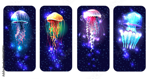Photographie Glowing vivid jellyfish on underwater background