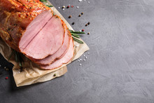 Delicious Ham On Grey Table, Top View With Space For Text. Christmas Dinner