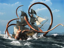The Kraken Is A Creature Of Scandinavian Folklore Said To Be Appear Like A Giant Octopus Or Squid, A Legendary Monster Capable Of Bringing Down Ships. 3D Rendering  