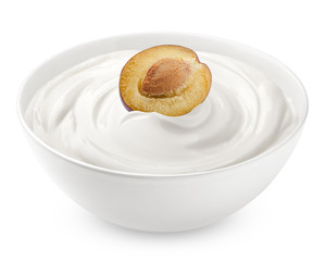 Wall Mural - plum with sour cream, yogurt, isolated on white background, clipping path, full depth of field