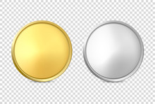 Vector 3d Realistic Blank Golden And Silver Metal Coin Or Medal Icon Set Closeup Isolated On Transparent Background. Design Template, Clipart Of Gold Money, Currency. Financial Concept. Front View