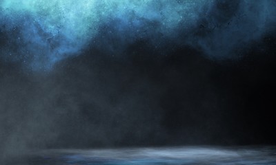 Wall Mural - Wet asphalt, reflection of neon lights, a searchlight, smoke. Abstract light in a dark empty street with smoke, smog. Dark background scene of empty street, night view, night city.