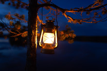 Vintage Oil Lamp Hanging On A Tree. Beautiful View Of Dark Forest And Lake At Night. Hiker, Travel, Outdoor Concept