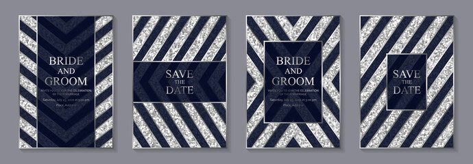 Sticker - Set of modern geometric luxury wedding invitation design or card templates for business or presentation or greeting with silver lines and navy blue stripes on a glitter background.