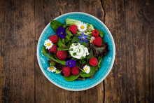 Directly Above View Of Fresh Salad In Bowl On Wooden, Table