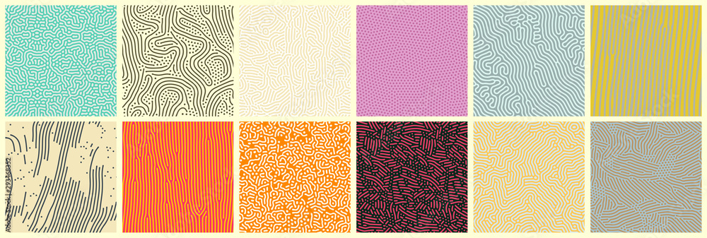Abstract lines seamless patterns, vector modern trnedy backgrounds set. Organic patterns with color memphis dots and irregular doodle lines, squiggle texture creative design - obrazy, fototapety, plakaty 