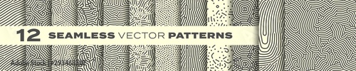 Materiał do szycia Abstract organic lines seamless patterns vector backgrounds set. Modern trendy creative memphis and biological patterns with dots and irregular squiggle lines texture design