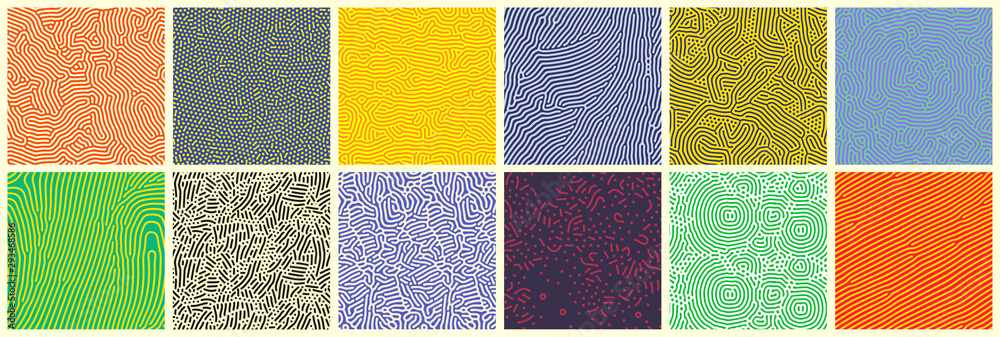 Seamless patterns, abstract organic lines color backgrounds set. Biological patterns with yellow, purple and blue memphis dots, irregular squiggle lines and abstract shape texture - obrazy, fototapety, plakaty 