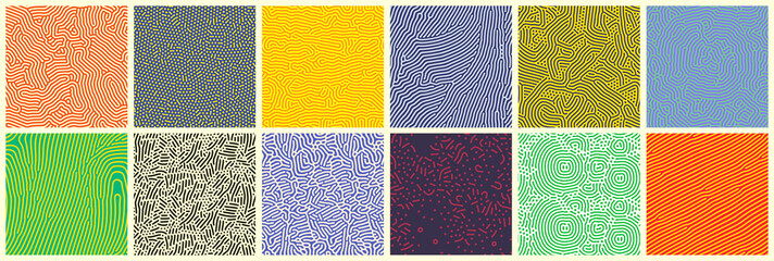 Poster - Seamless patterns, abstract organic lines color backgrounds set. Biological patterns with yellow, purple and blue memphis dots, irregular squiggle lines and abstract shape texture