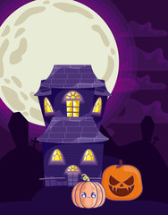 Poster - scary castle with moon in scene of halloween