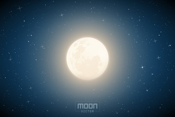 Sticker - vector illustration with full moon in blue night starry sky. space background with earth satellite. 