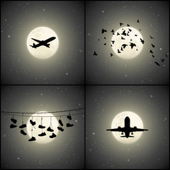 Sticker - Set of silhouettes in night sky. Vector illustration with airplanes, flock of birds and boots on wires. Full moon in starry sky. Black and white background for design