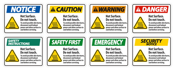 Hot Surface, Do Not Touch, To Avoid Possible Skin Burns, Disconnect And Lockout Power And Allow Surface To Cool Before Servicing Symbol Sign Isolate On White Background,Vector Illustration