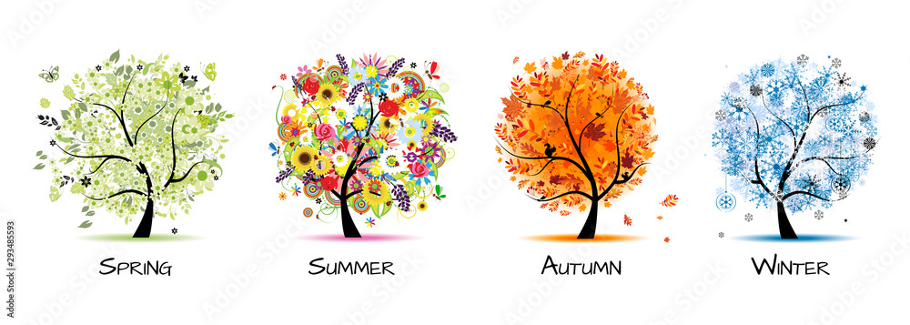 Four seasons - spring, summer, autumn, winter. Art tree beautiful for your design - obrazy, fototapety, plakaty 