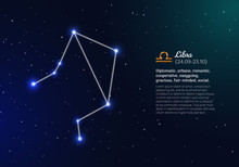 Libra Zodiacal Constellation With Bright Stars. Libra Star Sign And Dates Of Birth On Deep Space Background. Astrology Horoscope With Unique Positive Personality Traits Vector Illustration.