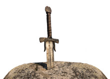 Excalibur, King Arthur's Sword In Stone Isolated On White Background. Edged Weapons From The Legend Pro King Arthur.