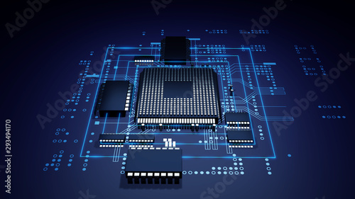 Cuadros en Lienzo 3d rendering of futuristic blue circuit board and cpu