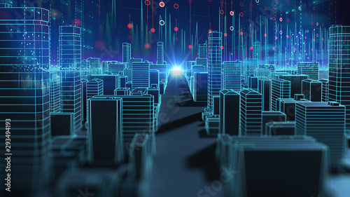 Cuadros en Lienzo smart city and Digital landscape in cyber world.3d illustration