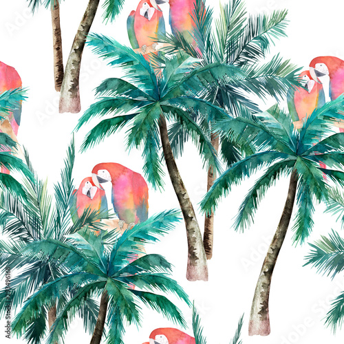 Summer seamless pattern with watercolor parrot, palm trees. Hand drawn illust...