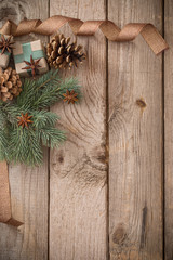 Wall Mural - Christmas decorations on old wooden background