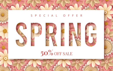 Spring sale vector banner design with flowers. Vector illustration