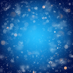 Wall Mural - Christmas template with white blurred and clear snowflakes on blue background. EPS 10