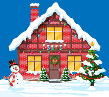 Suburban House Covered Snow. Building In Holiday Ornament. Christmas Tree Spruce, Snowman. Happy New Year Decoration. Merry Christmas Holiday. New Year And Xmas Celebration. Vector Illustration