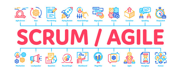 Wall Mural - Scrum Agile Minimal Infographic Web Banner Vector. Agile Rocket And Document File, Gear And Package, Loud-speaker And Stop Watch Concept Linear Pictograms. Contour Illustrations