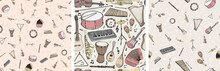 Vector Seamless Pattern With Musical Instruments. Multicolored Hand Drawn Illustration In Cartoon Style.