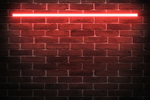 Background Texture Of Empty Red Brick Wall With Red Neon Light Lamp, 80s Style Glow