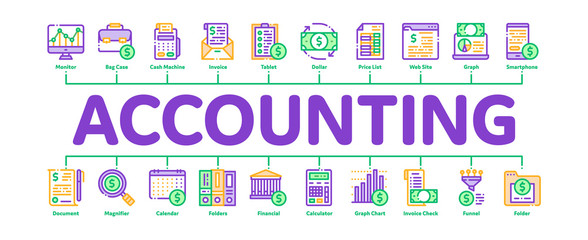 Poster - Financial Accounting Minimal Infographic Web Banner Vector. Money Dollar Sings On Smartphone Display And Magnifier, Web Site And Laptop Financial Concept Linear Pictograms. Contour Illustrations
