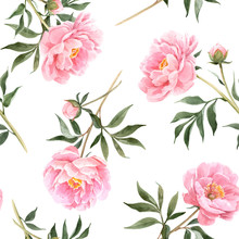 Watercolor Peony Seamless Vector Pattern