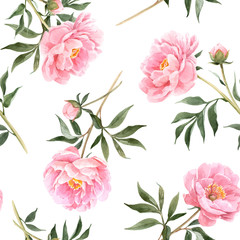 Wall Mural - Watercolor peony seamless vector pattern