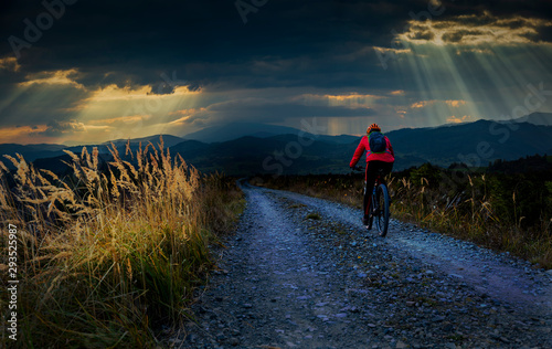 Fotomural Cycling woman riding on bike in autumn mountains forest landscape