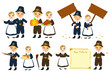 © azuaya25 - Thanksgiving Pilgrims couple cartoon character vector set. Thanksgiving holiday pilgrim character and elements set