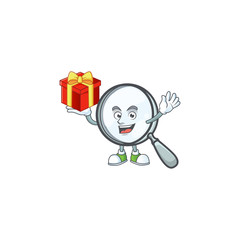 Poster - Bring gift magnifying glass cartoon character with mascot.