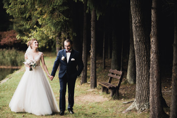 Stylish couple of happy newlyweds walking in the park on their wedding day with bouquet