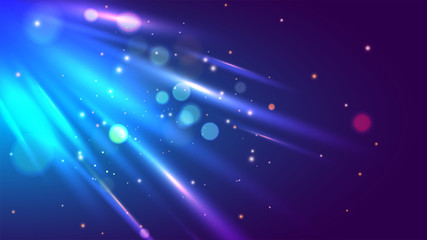 Wall Mural - Shiny blue emerging rays with bokeh effect for futuristic technology based abstract motion background.