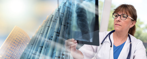 Wall Mural - Female doctor examining x-ray report; multiple exposure