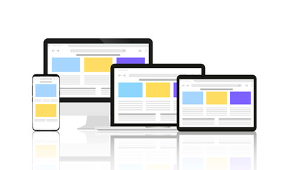 Gadgets are located on a white background with an open browser on the screens.