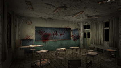 Wall Mural - horror and creepy classroom in the school with text help blood. 3D rendering