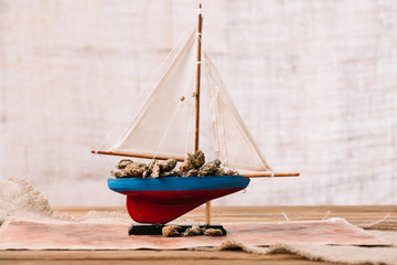 Sticker - decorative ship with dry plant lumps on wooden surface