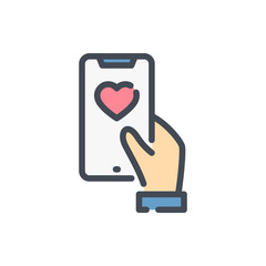 Poster - Mobile healthcare application color line icon. Hand hold mobile phone with a heart on the screen vector outline colorful sign.