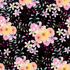 Poster - Black seamless floral pattern background.