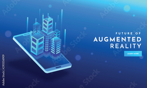 Fotografía Skyscrapers illustration on smartphone screen with abstract elements on shiny blue background for Augmented Reality (AR) concept