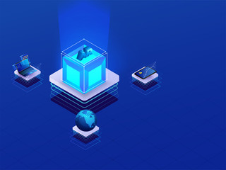 Canvas Print - 3D isometric AR cube connected with laptop, tablet and globe on shiny blue background for Augmented Reality (AR) concept.