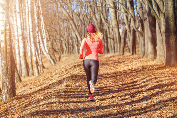 Wall Mural - Young woman running training in autumn park