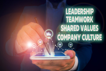 Poster - Handwriting text writing Leadership Teamwork Shared Values Company Culture. Conceptual photo Group Team Success Male human wear formal work suit presenting presentation using smart device
