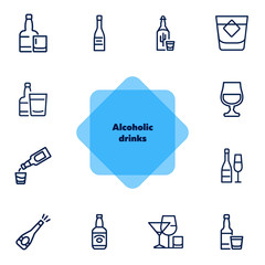 Sticker - Alcohol line icon set. Set of line icons on white background. Drinking concept. Tequila, whiskey, vodka. Vector illustration can be used for topics like beverage, cafe, bar