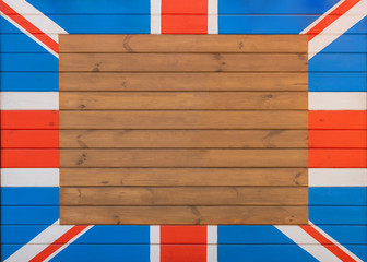 Wooden board with painted Great Britain Union jack flag. British country national symbol. Empty copy space for text in center